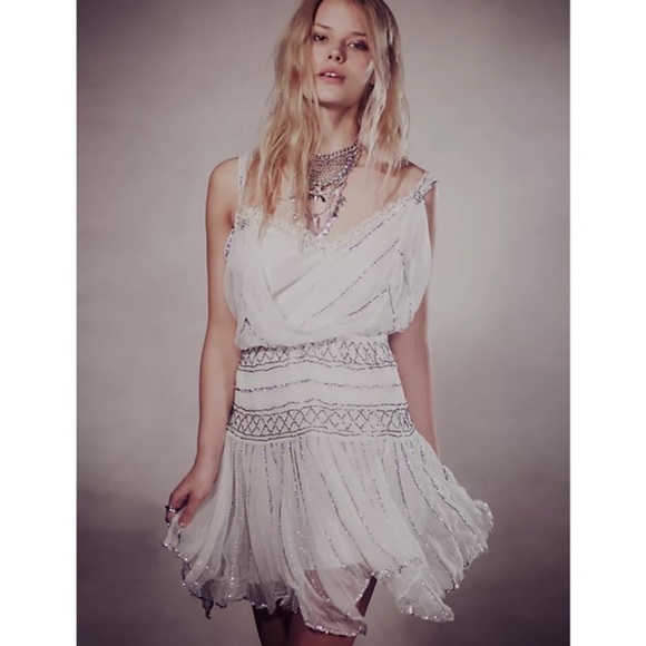 NWOT RARE Free People Ode to Tea white with silver beading and sequins size L! - Picture 1 of 7